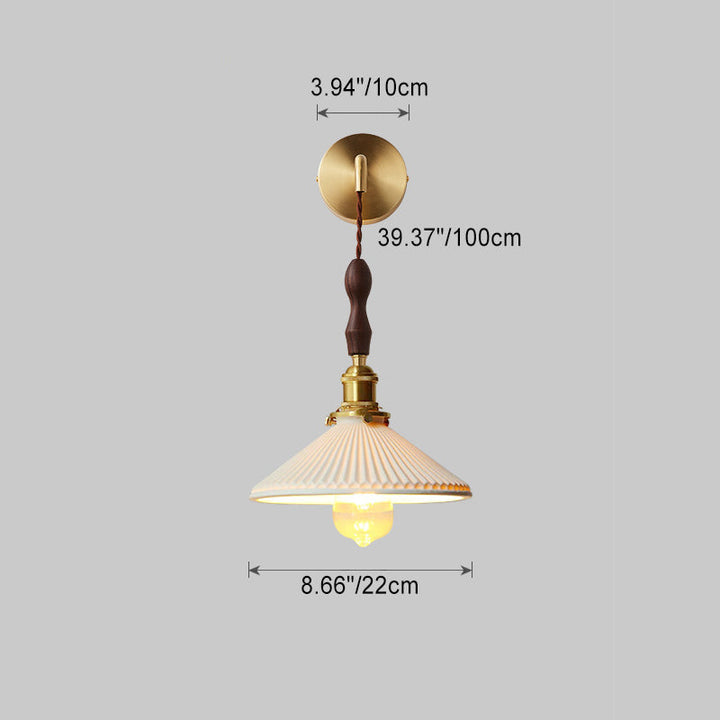 Traditional Japanese Copper Walnut Fabric Ceramic Conic Pleated 1-Light Wall Sconce Lamp For Bedside