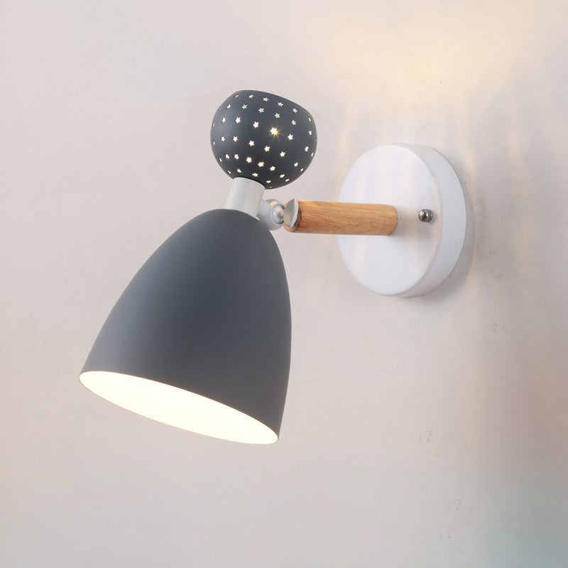 Zeitgenössische skandinavische Macaron Holz Eisen Runde 1-Licht Wandleuchte Lampe für Wohnzimmer 