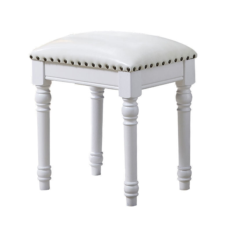 Tabouret de coiffeuse sans dossier ni accoudoirs en bois massif, cuir synthétique et lin carré scandinave contemporain pour chambre 
