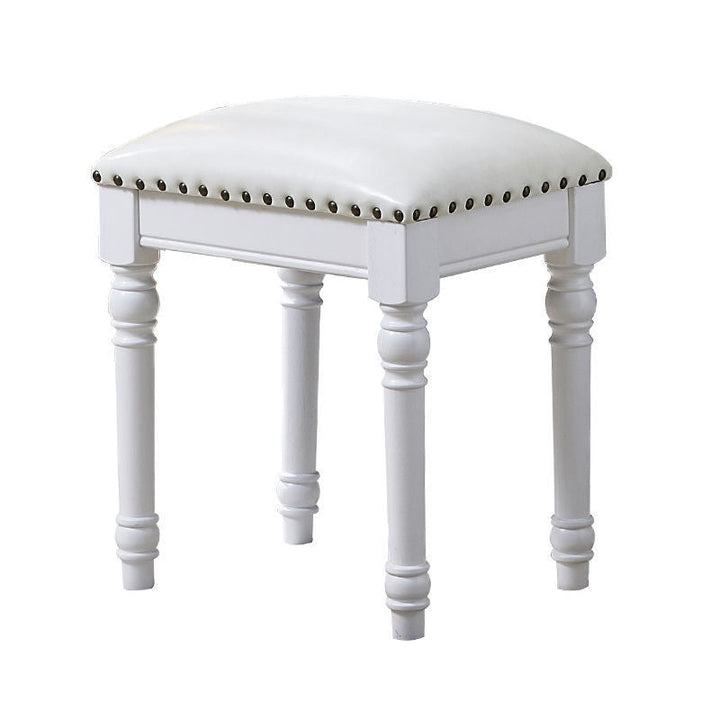 Tabouret de coiffeuse sans dossier ni accoudoirs en bois massif, cuir synthétique et lin carré scandinave contemporain pour chambre 