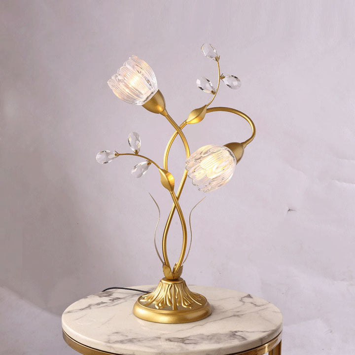 Moderne Art Deco Blumen Eisen Glas 2-Licht Tischlampe für Wohnzimmer 