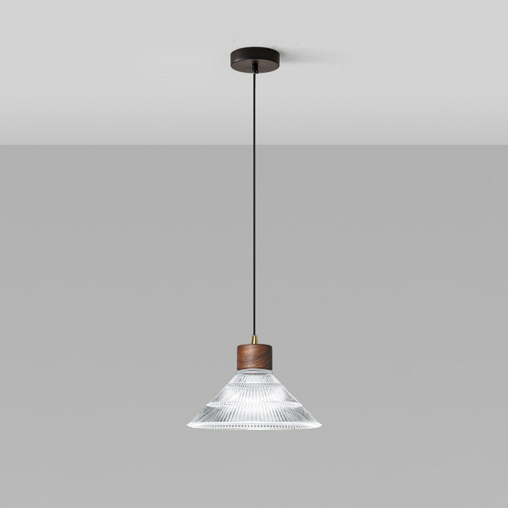 Traditional Chinese Iron Walnut Glass Conic Umbrella-Shaped 1-Light Pendant Light For Dining Room