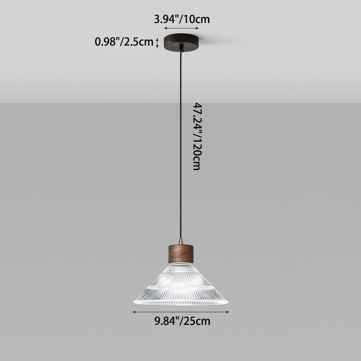 Traditional Chinese Iron Walnut Glass Conic Umbrella-Shaped 1-Light Pendant Light For Dining Room