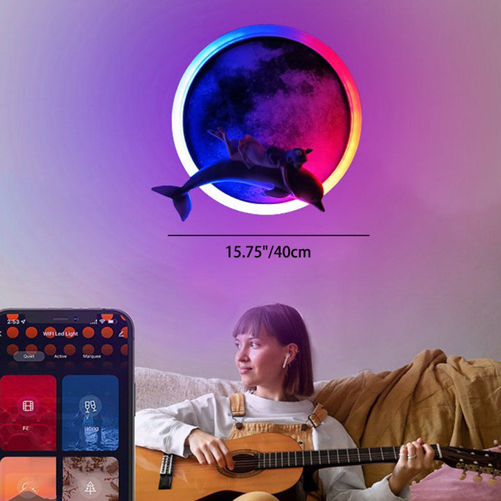 Modern Minimalist Round Iron Acrylic Round Moon Dolphins Astronauts LED Wall Sconce Lamp For Living Room
