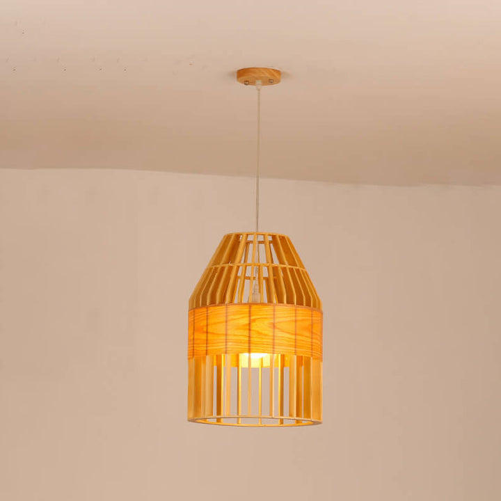 Moderne minimalistische Pendelleuchte aus Eichenholz im Vogelkäfig-Design, 1-flammig, für Wohnzimmer &amp; Schlafzimmer 