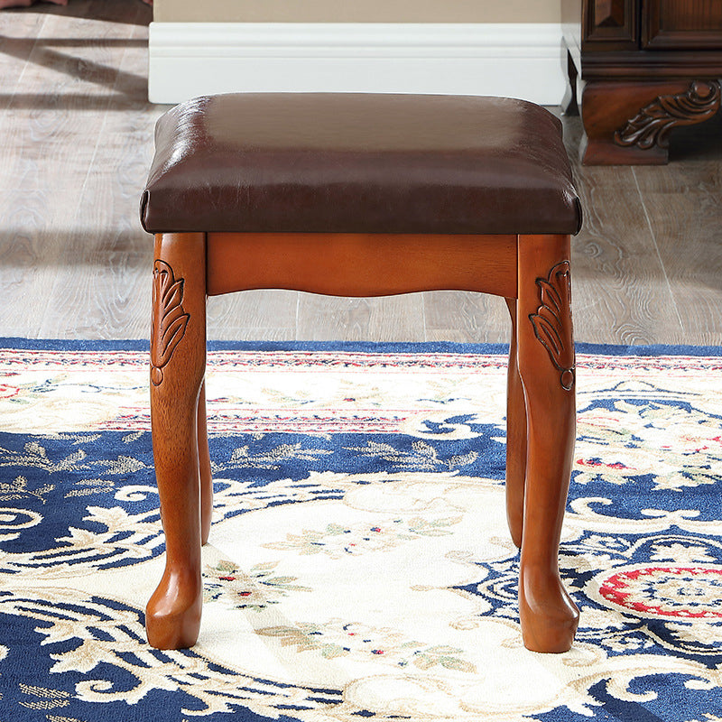 Traditional European Square Fabric Upholstered Rubberwood Carved Frame Vanity Stool For Bedroom