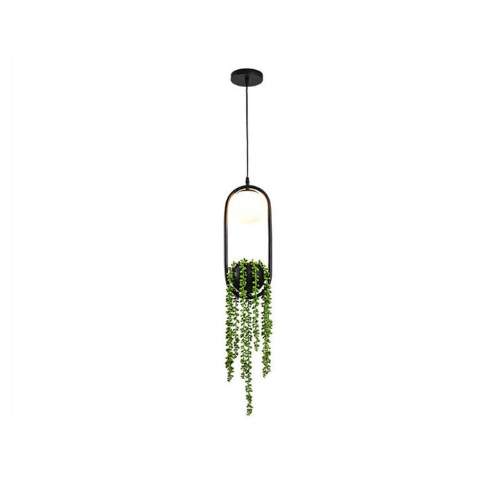 Modern Art Deco Iron Glass Elliptical Simulated Greenery 1-Light Pendant Light For Dining Room