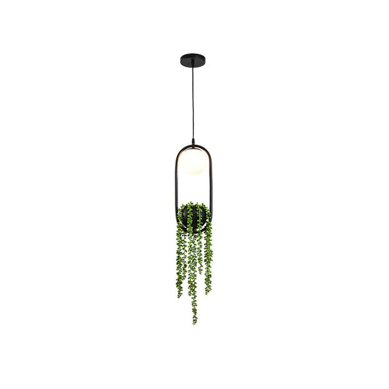 Modern Art Deco Iron Glass Elliptical Simulated Greenery 1-Light Pendant Light For Dining Room