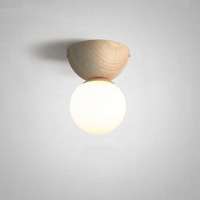 Japanese Minimalist Wood Grain Glass Round 1-Light Flush Mount Ceiling Light