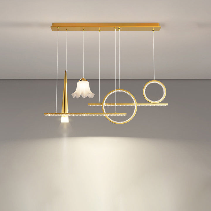 Zeitgenössischer luxuriöser geometrischer Ring-Glaskugel-Schirm LED-Kronleuchter Insellicht für Wohnzimmer 