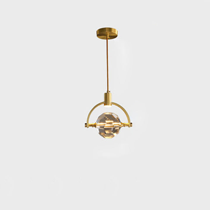 Modern Luxury Full Copper Circle Ring Crystal Ball 1-Light Pendant Light For Living Room