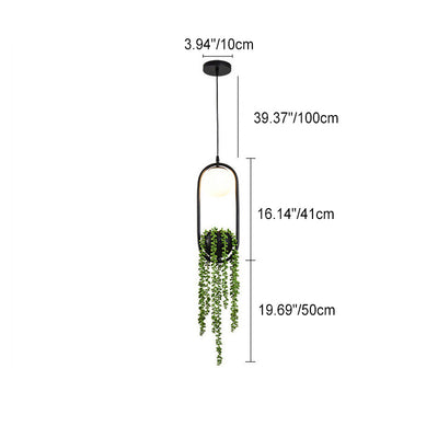 Modern Art Deco Iron Glass Elliptical Simulated Greenery 1-Light Pendant Light For Dining Room