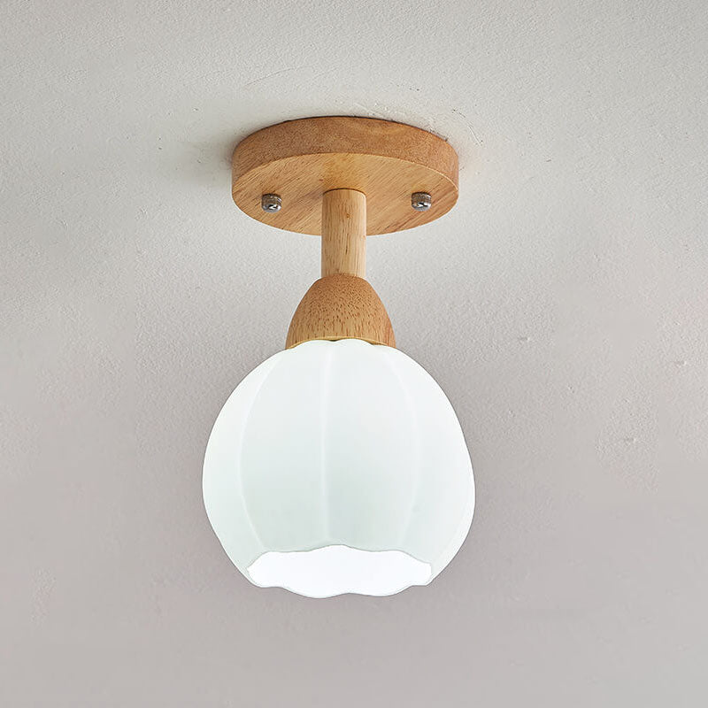 Traditional Japanese Spherical Glass Shape Wood Base1-Light Semi-Flush Mount Ceiling Light For Living Room