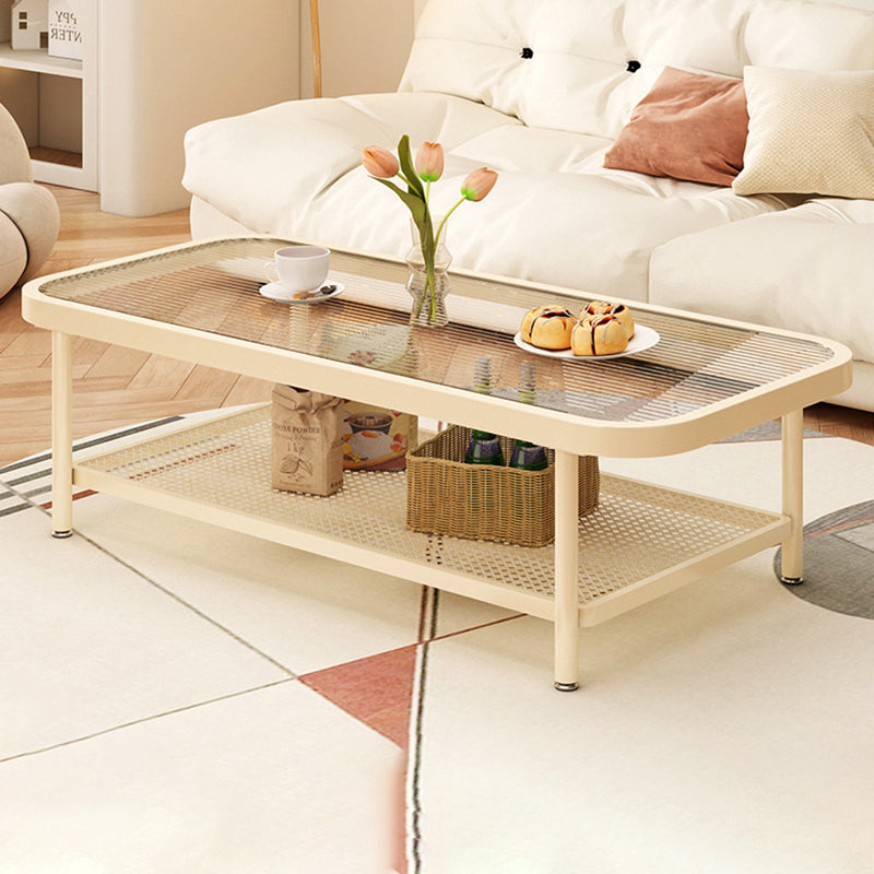 Moderner minimalistischer rechteckiger Glas-Kohlenstoffstahl-Couchtisch mit 2 Ebenen für das Wohnzimmer 