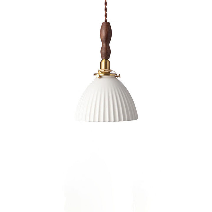 Lustre suspendu rond en céramique, laiton et noyer japonais traditionnel à 1 lumière pour salle à manger 