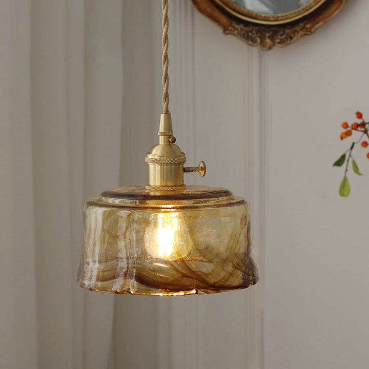 Modern Eclectic Amber Brass Glass Geometric Jar 1-Light Pendant Light For Living Room