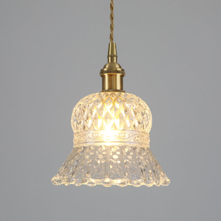 Traditional Japanese Brass Walnut Glass Ceramic Cylinder Conic Flower Bowl 1-Light Pendant Light For Dining Room