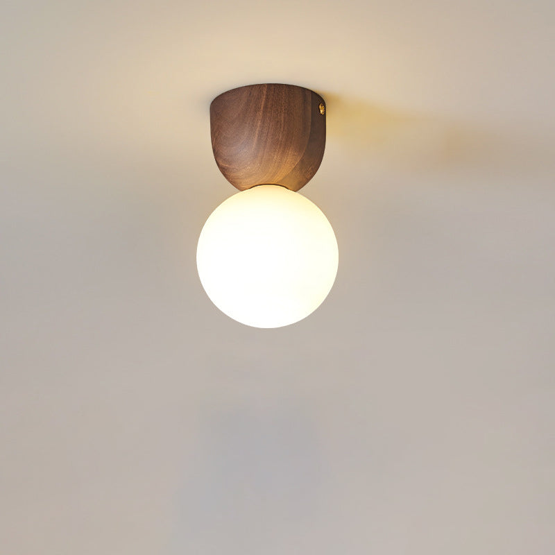 Contemporary Scandinavian Walnut Copper Glass Ball 1-Light Semi-Flush Mount Ceiling Light For Hallway