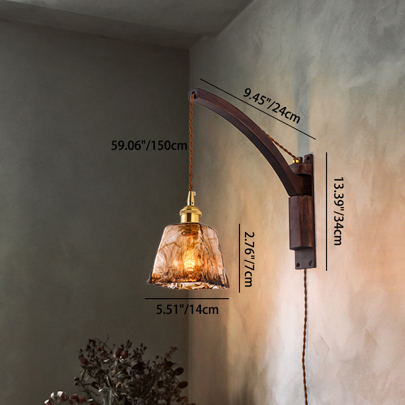 Traditional Japanese Walnut Glass Ceramic Conic Prism 1-Light Wall Sconce Lamp For Bedside