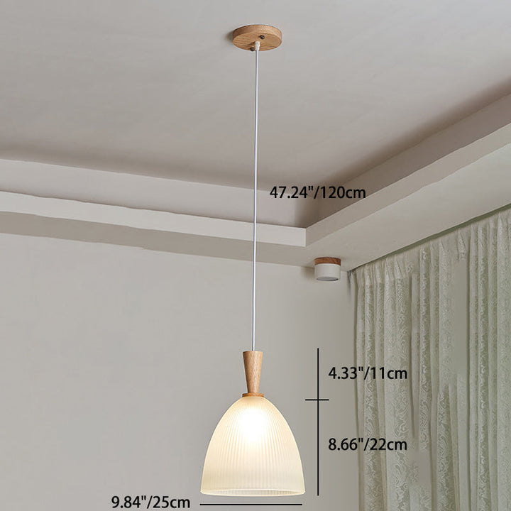 Suspension Luminaire Moderne Minimaliste Rond en Verre à Rayures en Dentelle avec Bois 1-Lumière pour Salon 