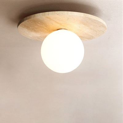 Modern Minimalist Cylinder Oval Dish Yellow Travertine 1-Light Semi-Flush Mount Ceiling Light For Living Room