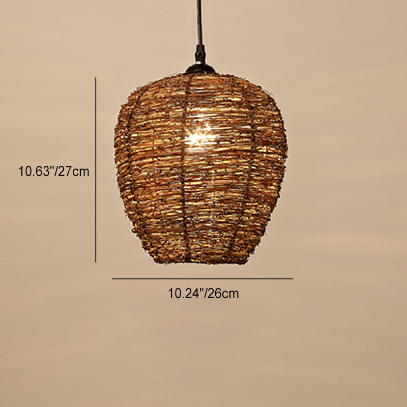 Suspension Luminaire à 1 Lumière en Rotin Rétro Tressé en Dôme 