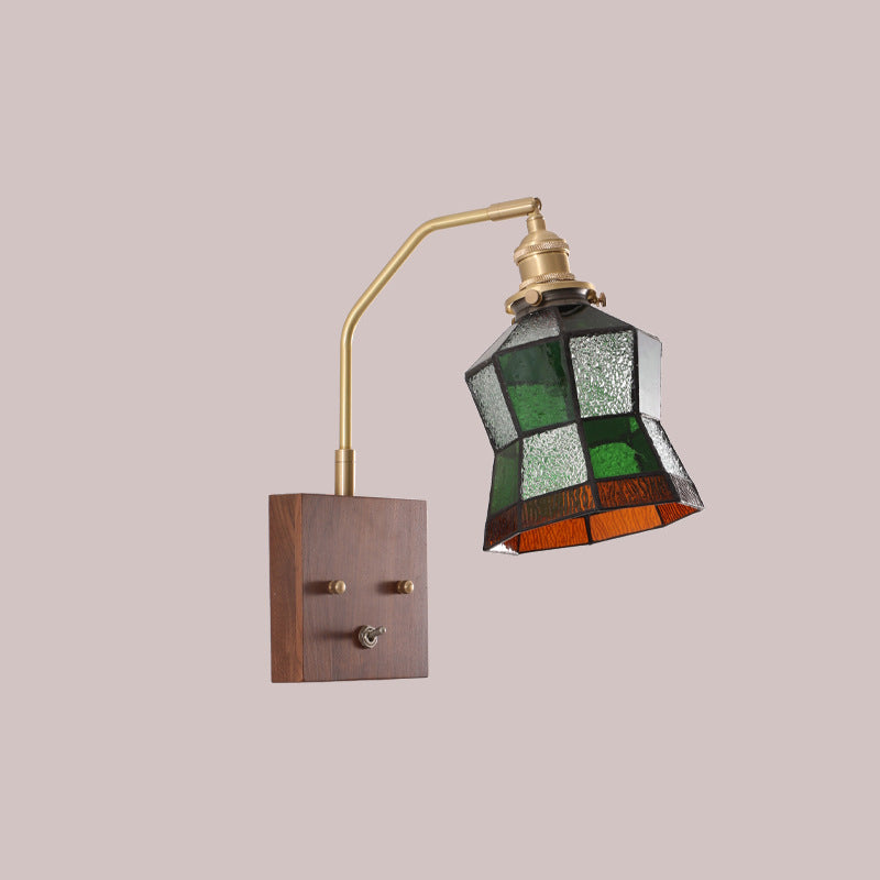 Zeitgenössische Retro Quadrat Kegel Alle Kupfer Holz Glas 1-Licht Wand Leuchte Lampe Für Wohnzimmer 