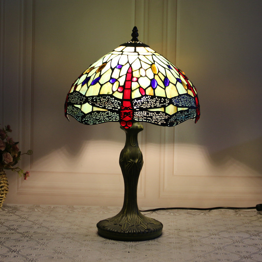 Lampe de table 1 lumière avec base en résine et vitrail Tiffany traditionnel libellule pour maison ou bureau 