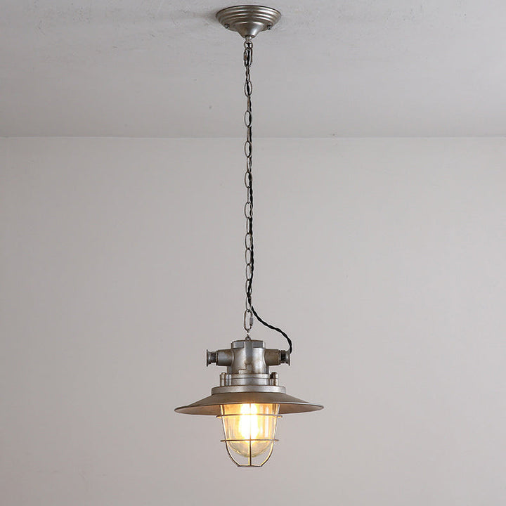 Zeitgenössische industrielle Retro-Pendelleuchte im Used-Look aus grauem Aluminium mit halbrundem Schirm und 1 Licht für Unterhaltungsräume 