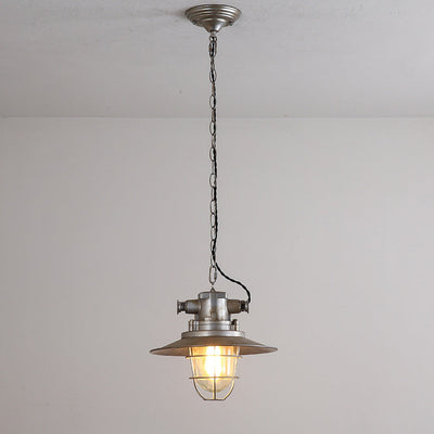 Zeitgenössische industrielle Retro-Pendelleuchte im Used-Look aus grauem Aluminium mit halbrundem Schirm und 1 Licht für Unterhaltungsräume 
