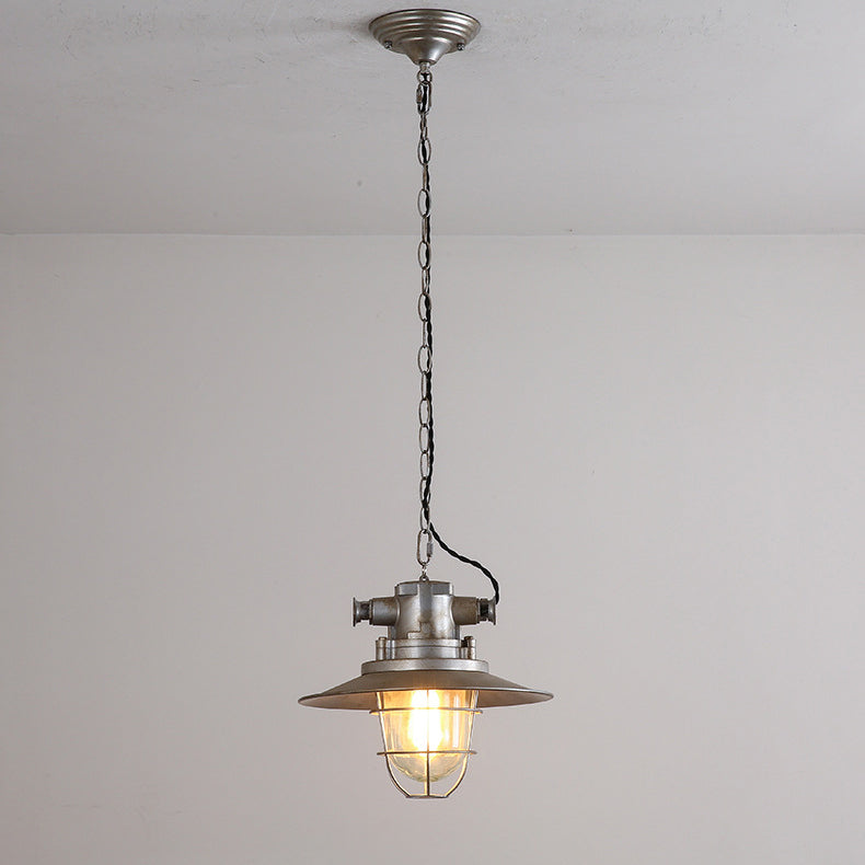 Zeitgenössische industrielle Retro-Pendelleuchte im Used-Look aus grauem Aluminium mit halbrundem Schirm und 1 Licht für Unterhaltungsräume 