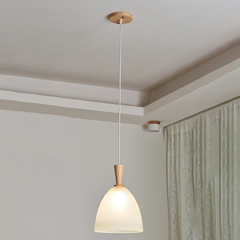 Suspension Luminaire Moderne Minimaliste Rond en Verre à Rayures en Dentelle avec Bois 1-Lumière pour Salon 