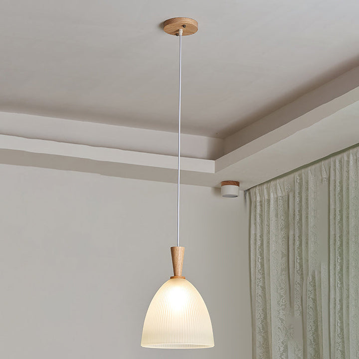 Suspension Luminaire Moderne Minimaliste Rond en Verre à Rayures en Dentelle avec Bois 1-Lumière pour Salon 