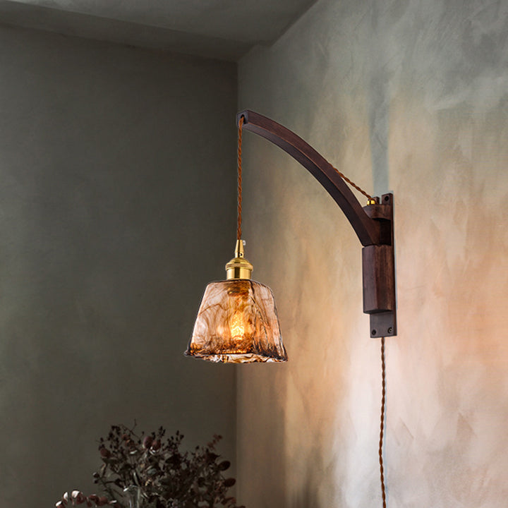 Traditional Japanese Walnut Glass Ceramic Conic Prism 1-Light Wall Sconce Lamp For Bedside