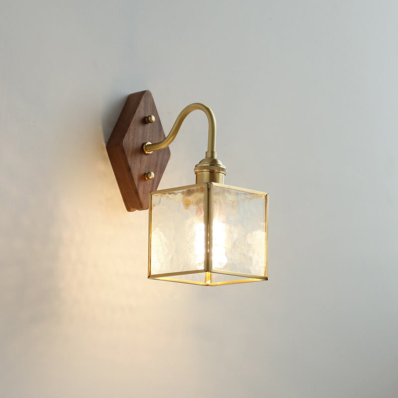 Applique Murale Traditionnelle Vintage Carrée en Verre de Cuivre et Bois à 1 Lumière pour Chambre 