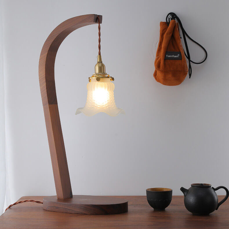 Japanischer minimalistischer Walnuss-Tischlampe mit floralem Glasschirm und 1 Licht 