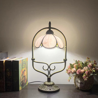 Tiffany Vintage Flower Stained Glass Shade Metal Base 1-Light Table Lamp