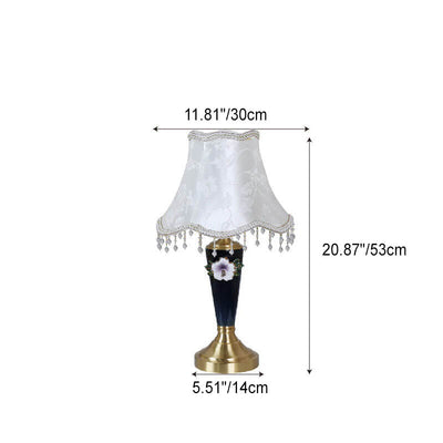 Vintage European Ceramic Floral Pleated Fabric 1-Light Table Lamp