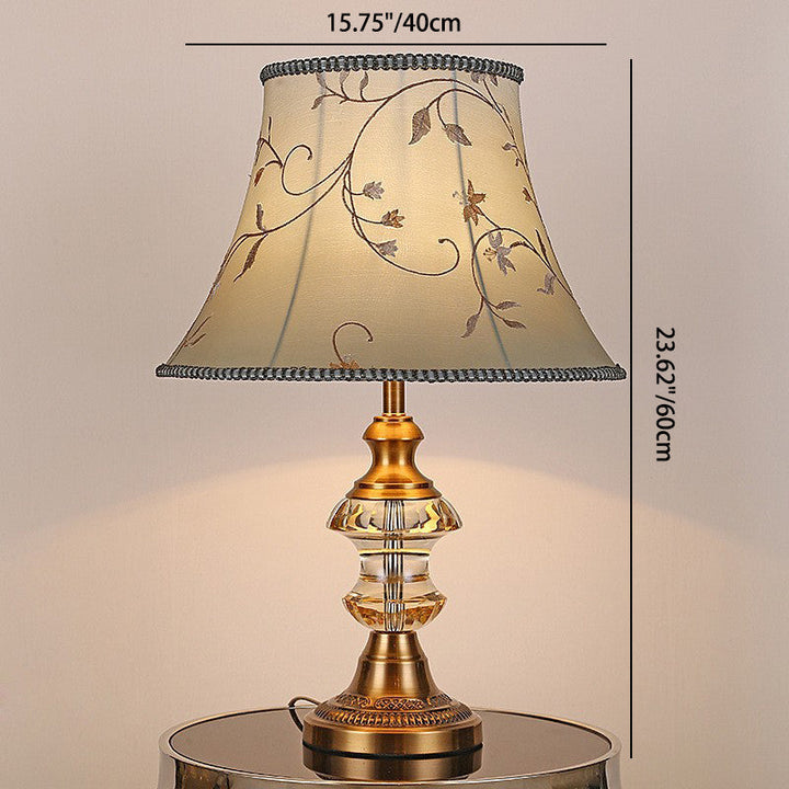 Lámpara de Mesa de 1 Luz con Cristal y Tela de Hardware Cilíndrico Tradicional Europeo para Dormitorio 