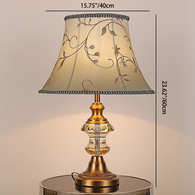 Traditionelle europäische Zylinder-Hardware-Kristallgewebe-1-Licht-Tischlampe für Schlafzimmer 