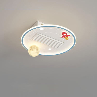 Contemporary Creative Acrylic Astronaut Moon LED Kids Flush Mount Ceiling Invisible Bladeless Fan Light For Bedroom