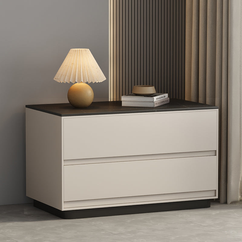 Table de nuit moderne minimaliste rectangulaire en bois massif avec dalle de pierre à 2 tiroirs pour chambre 