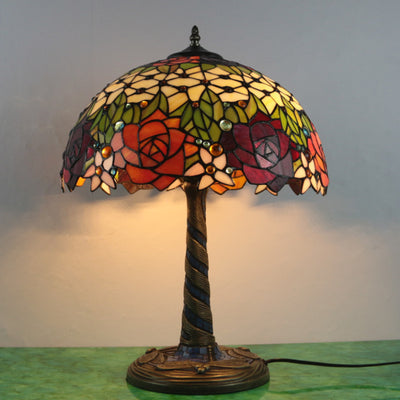 Traditional Tiffany Flower Decor Stained Glass Dome 2-Light Table Lamp For Bedroom