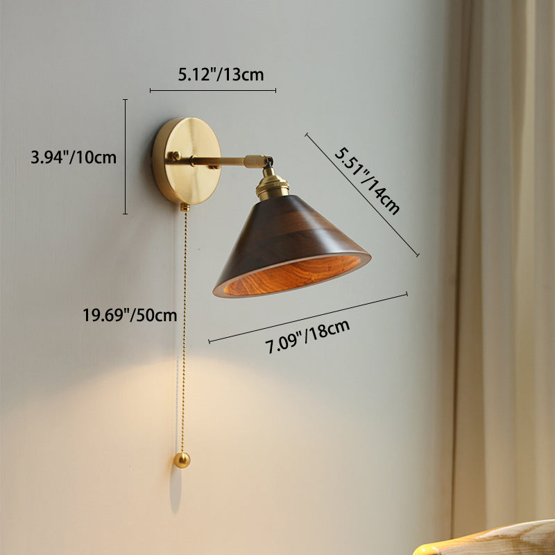 Zeitgenössische skandinavische runde Kegelkuppel Kupferholz 1-Licht Wandleuchte Lampe für Schlafzimmer 