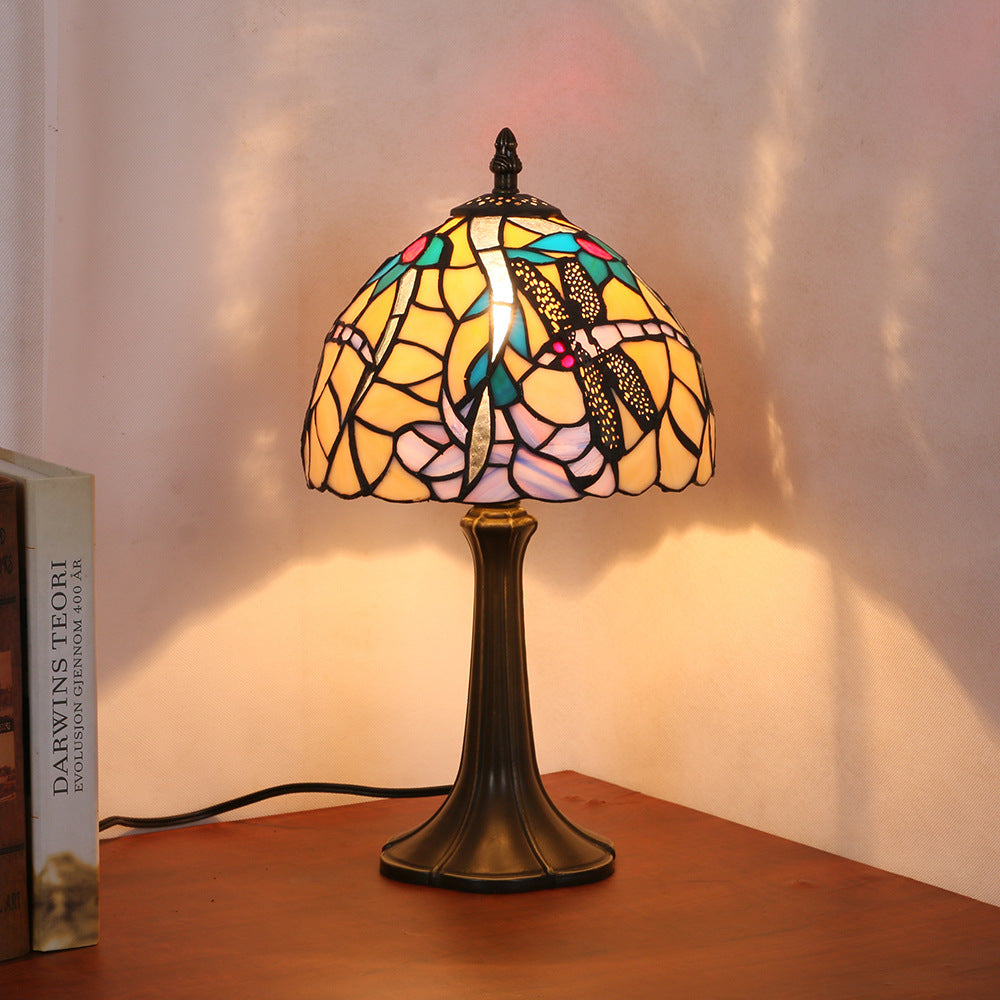 Lampe de table à 1 lumière en verre teinté fer traditionnel Tiffany Dome pour chambre 