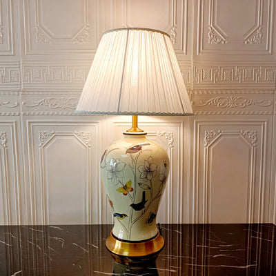 Lampe de table en céramique traditionnelle chinoise avec cylindre, oiseau et fleur, 1 lumière pour chambre à coucher 