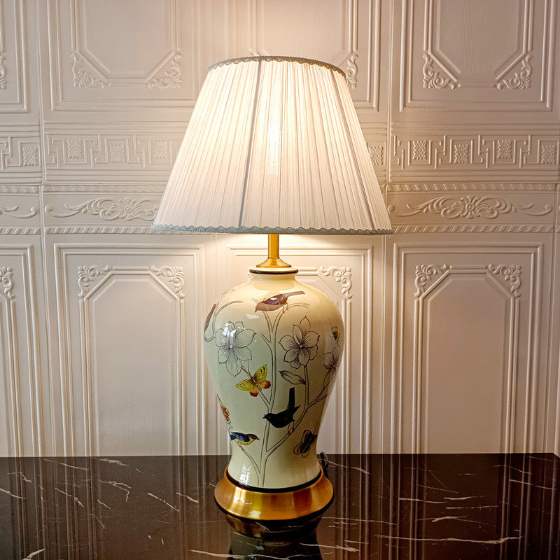 Lampe de table en céramique traditionnelle chinoise avec cylindre, oiseau et fleur, 1 lumière pour chambre à coucher 