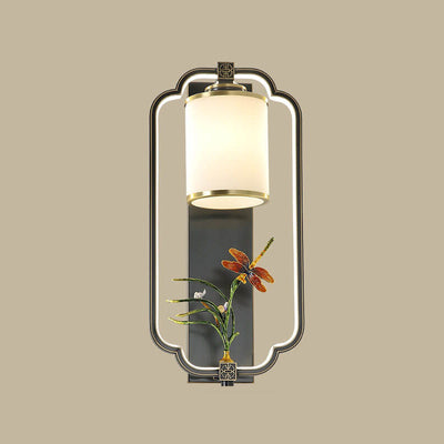 Traditional Chinese Jade Copper Square Oval 1- Light Wall Sconce Lamp For Living Room