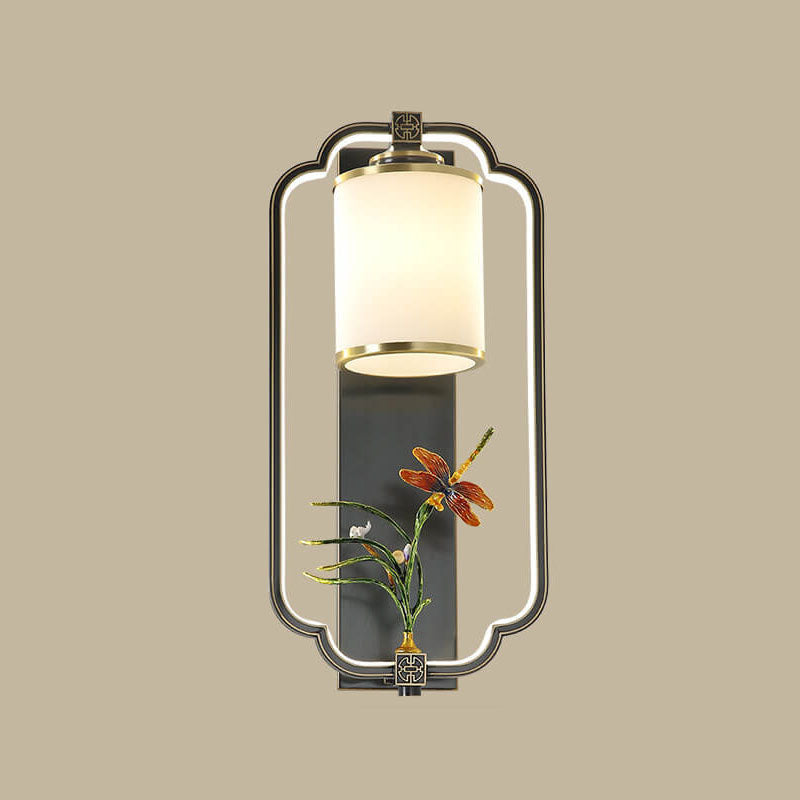 Traditional Chinese Jade Copper Square Oval 1- Light Wall Sconce Lamp For Living Room