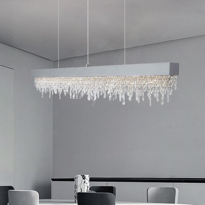 Lustre LED rectangulaire en acier inoxydable avec cristaux de luxe contemporain pour salle à manger 